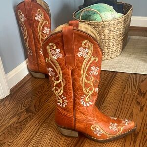 Sterling River Embroidered Orange Heeled Boots